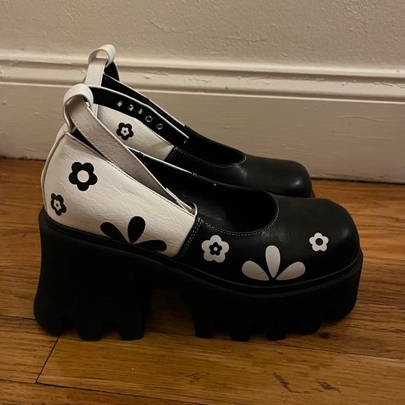 platform mary jane flower black and white emo goth pink girly floral women’s - Picture 5 of 5